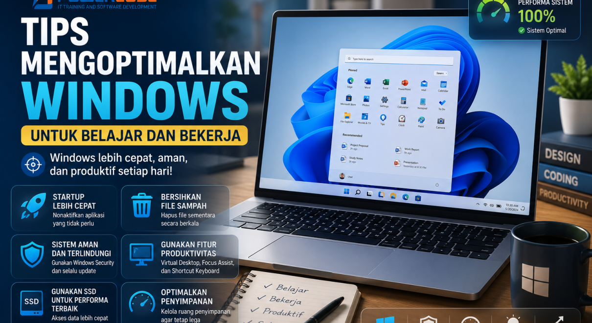 Laptop Windows 11 dengan tampilan desktop yang rapi, ikon produktivitas, grafik peningkatan performa, serta elemen belajar dan bekerja seperti dokumen, kalender, dan editor kode yang menggambarkan optimasi Windows untuk aktivitas sehari-hari.