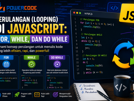 Ilustrasi perulangan (looping) di JavaScript yang menampilkan editor kode dengan sintaks for, while, dan do while, dipadukan dengan ikon JavaScript serta diagram panah melingkar yang menggambarkan proses pengulangan dalam pemrograman.