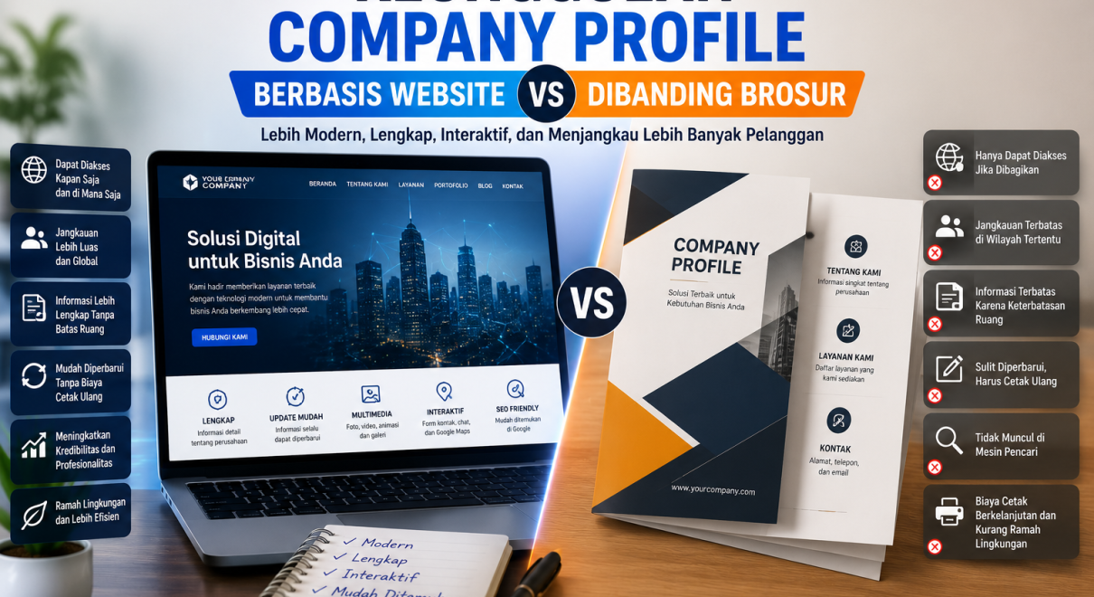 Ilustrasi perbandingan company profile berbasis website dan brosur cetak, menampilkan laptop dengan halaman website perusahaan modern di satu sisi dan brosur fisik di sisi lainnya, menggambarkan keunggulan website dalam membangun branding dan menjangkau pelanggan secara digital.