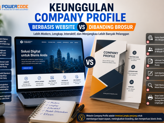 Ilustrasi perbandingan company profile berbasis website dan brosur cetak, menampilkan laptop dengan halaman website perusahaan modern di satu sisi dan brosur fisik di sisi lainnya, menggambarkan keunggulan website dalam membangun branding dan menjangkau pelanggan secara digital.