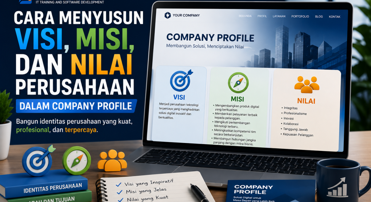Ilustrasi company profile modern yang menampilkan laptop dengan halaman visi, misi, dan nilai perusahaan, dilengkapi ikon target, kompas, tim profesional, dan grafik pertumbuhan bisnis, mencerminkan identitas perusahaan yang profesional.