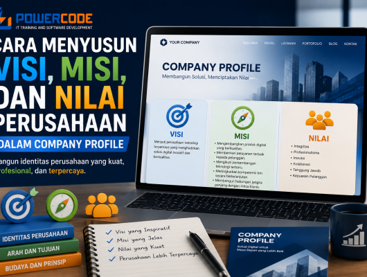 Ilustrasi company profile modern yang menampilkan laptop dengan halaman visi, misi, dan nilai perusahaan, dilengkapi ikon target, kompas, tim profesional, dan grafik pertumbuhan bisnis, mencerminkan identitas perusahaan yang profesional.