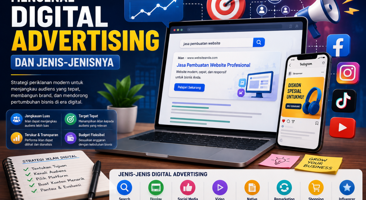 Ilustrasi digital advertising dengan laptop, iklan online, media sosial, search advertising, dan grafik pemasaran digital
