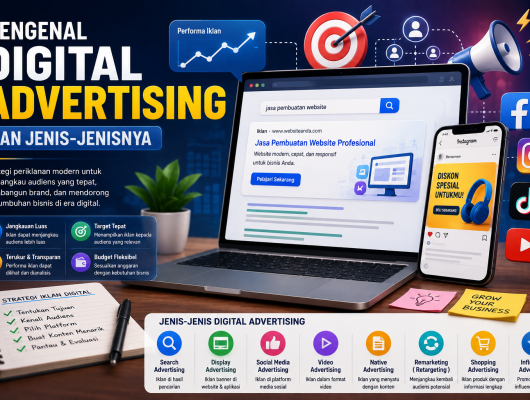Ilustrasi digital advertising dengan laptop, iklan online, media sosial, search advertising, dan grafik pemasaran digital