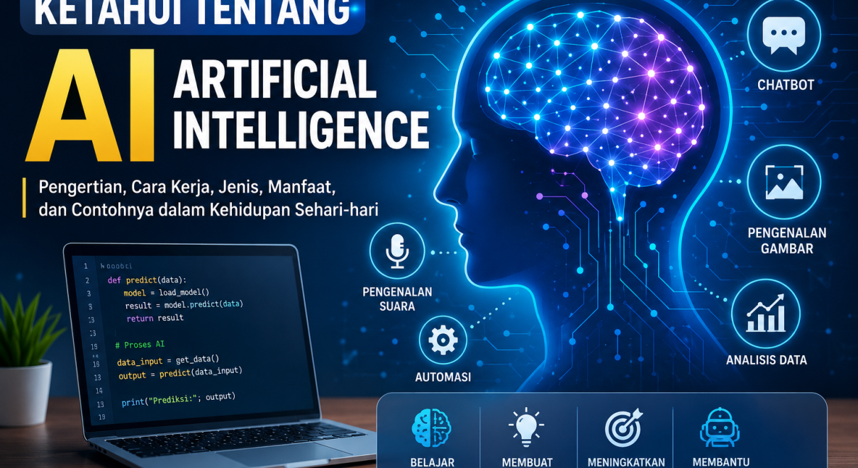 Ilustrasi Artificial Intelligence (AI) dengan otak digital, jaringan neural, laptop yang menampilkan kode pemrograman, serta ikon analisis data, chatbot, dan machine learning yang menggambarkan penerapan AI dalam dunia teknologi modern.