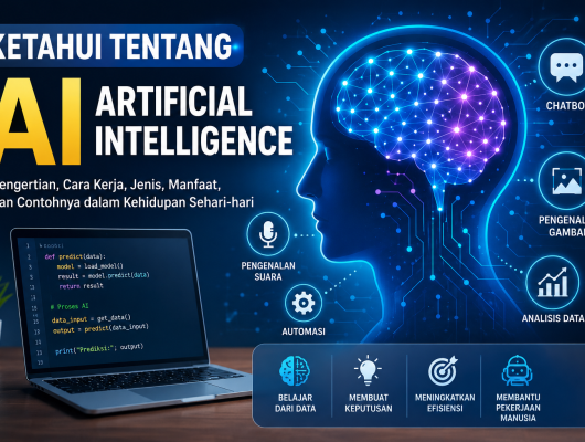 Ilustrasi Artificial Intelligence (AI) dengan otak digital, jaringan neural, laptop yang menampilkan kode pemrograman, serta ikon analisis data, chatbot, dan machine learning yang menggambarkan penerapan AI dalam dunia teknologi modern.