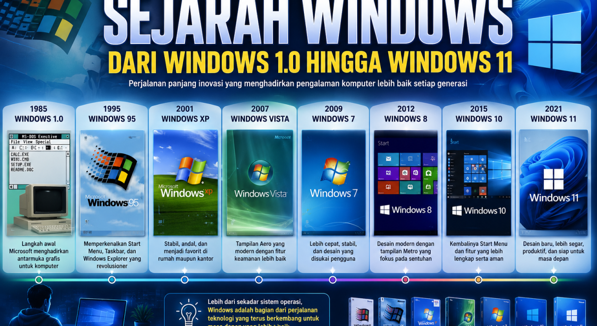 Timeline sejarah Windows dari Windows 1.0 hingga Windows 11 dengan ilustrasi logo setiap versi, komputer desktop, dan evolusi tampilan antarmuka Microsoft Windows.