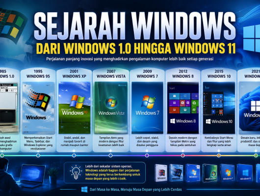 Timeline sejarah Windows dari Windows 1.0 hingga Windows 11 dengan ilustrasi logo setiap versi, komputer desktop, dan evolusi tampilan antarmuka Microsoft Windows.