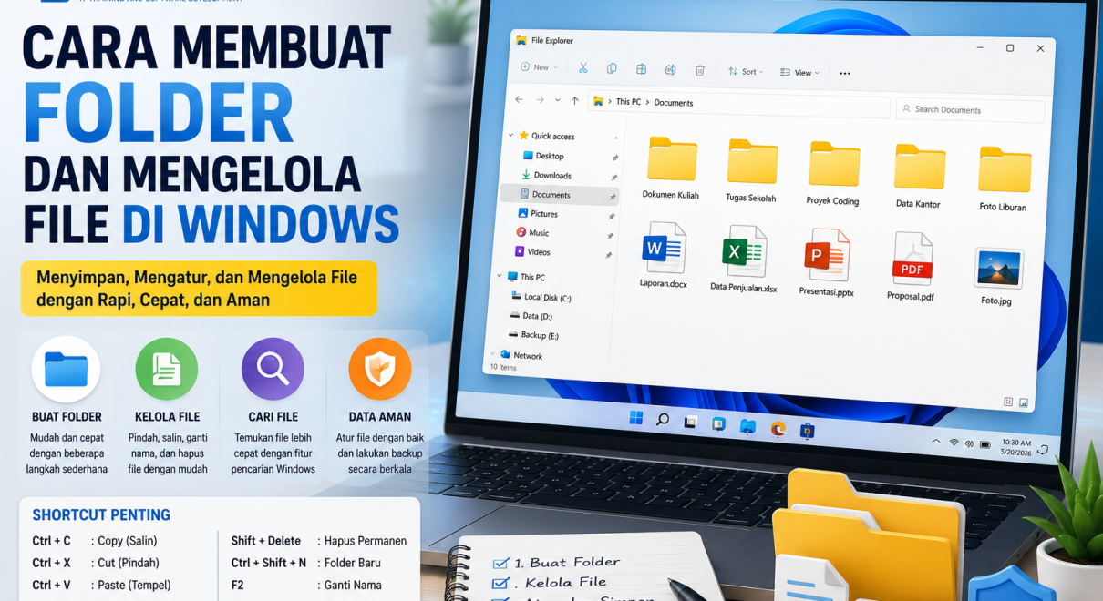 Ilustrasi File Explorer Windows yang menampilkan struktur folder berwarna biru, ikon dokumen, foto, dan video, lengkap dengan laptop Windows 11 di latar belakang yang menggambarkan cara membuat folder dan mengelola file secara rapi.