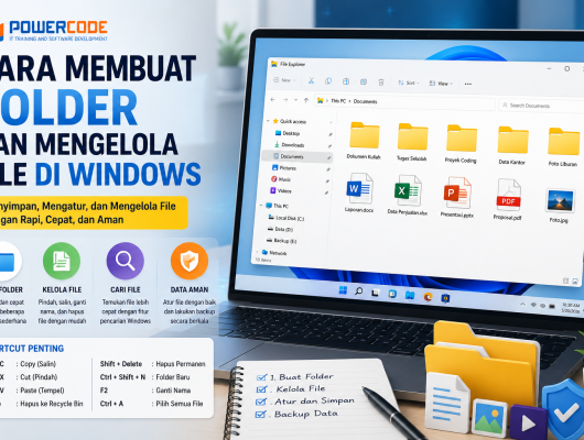 Ilustrasi File Explorer Windows yang menampilkan struktur folder berwarna biru, ikon dokumen, foto, dan video, lengkap dengan laptop Windows 11 di latar belakang yang menggambarkan cara membuat folder dan mengelola file secara rapi.