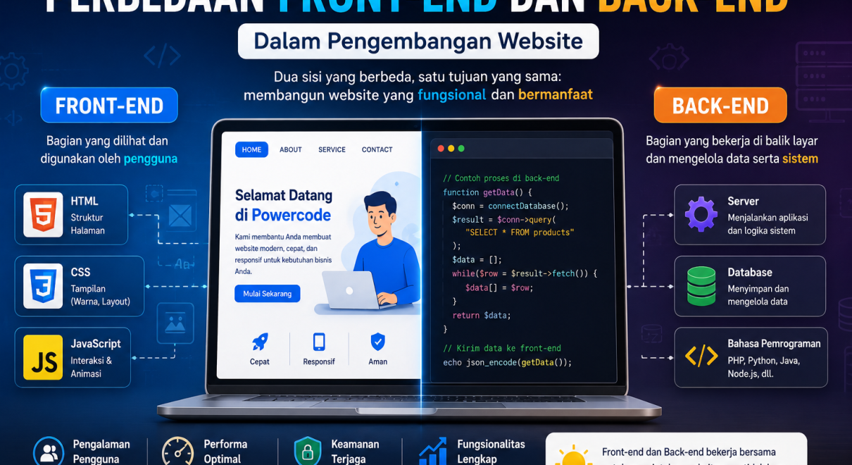Ilustrasi perbedaan front-end dan back-end dalam pengembangan website
