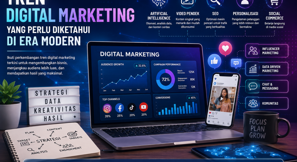 Ilustrasi tren digital marketing modern dengan AI, SEO, media sosial, video marketing, analitik data, dan strategi pemasaran digital.