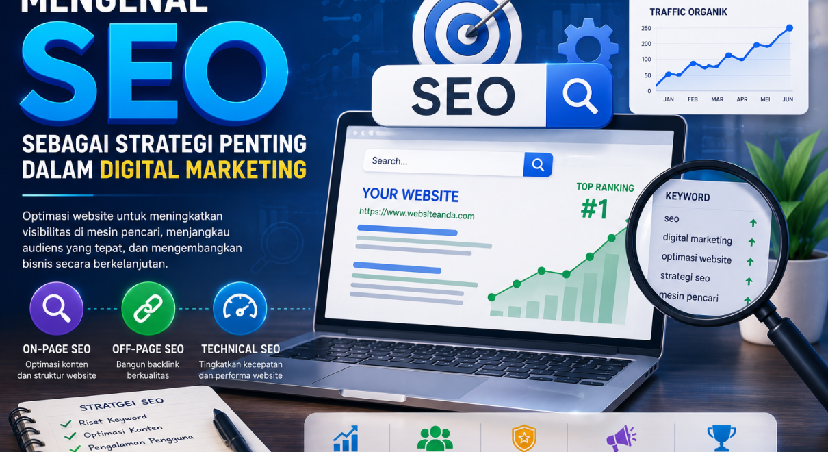 Ilustrasi SEO sebagai strategi digital marketing dengan mesin pencari, keyword, grafik trafik, website, dan analisis data