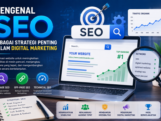 Ilustrasi SEO sebagai strategi digital marketing dengan mesin pencari, keyword, grafik trafik, website, dan analisis data