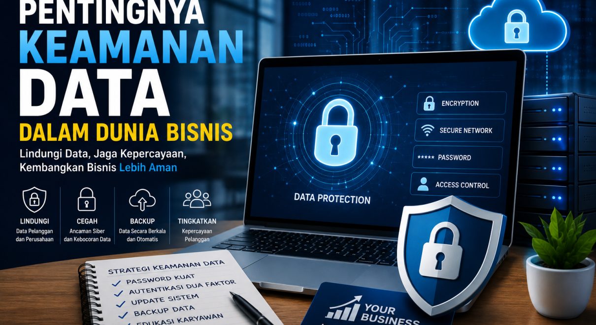 Ilustrasi keamanan data bisnis yang menampilkan laptop dengan ikon gembok digital, perisai keamanan, server cloud, dan grafik jaringan, menggambarkan perlindungan informasi perusahaan dari ancaman siber di era digital.