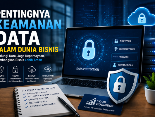 Ilustrasi keamanan data bisnis yang menampilkan laptop dengan ikon gembok digital, perisai keamanan, server cloud, dan grafik jaringan, menggambarkan perlindungan informasi perusahaan dari ancaman siber di era digital.