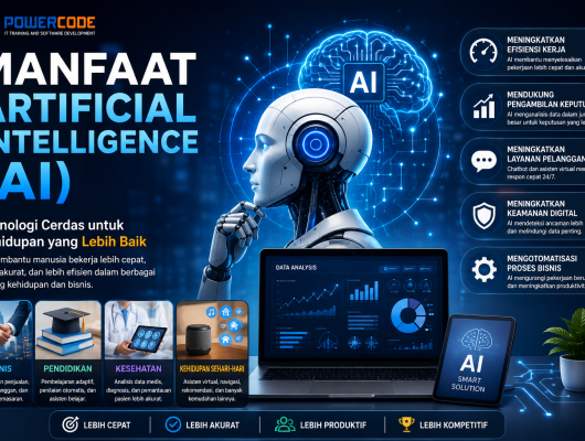 Ilustrasi modern tentang Artificial Intelligence (AI) dengan robot humanoid, otak digital, jaringan data, dan ikon teknologi yang menggambarkan manfaat AI dalam bisnis, pendidikan, kesehatan, serta kehidupan sehari-hari.