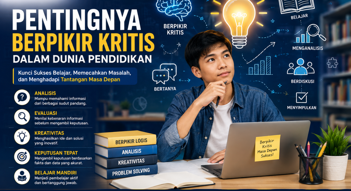 Ilustrasi seorang siswa yang sedang berpikir kritis di depan laptop dengan ikon lampu ide, buku, grafik analisis, dan jaringan digital, menggambarkan proses menganalisis informasi serta memecahkan masalah dalam dunia pendidikan modern.