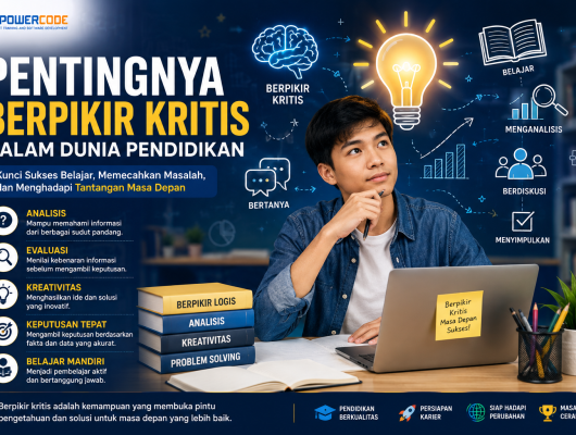 Ilustrasi seorang siswa yang sedang berpikir kritis di depan laptop dengan ikon lampu ide, buku, grafik analisis, dan jaringan digital, menggambarkan proses menganalisis informasi serta memecahkan masalah dalam dunia pendidikan modern.