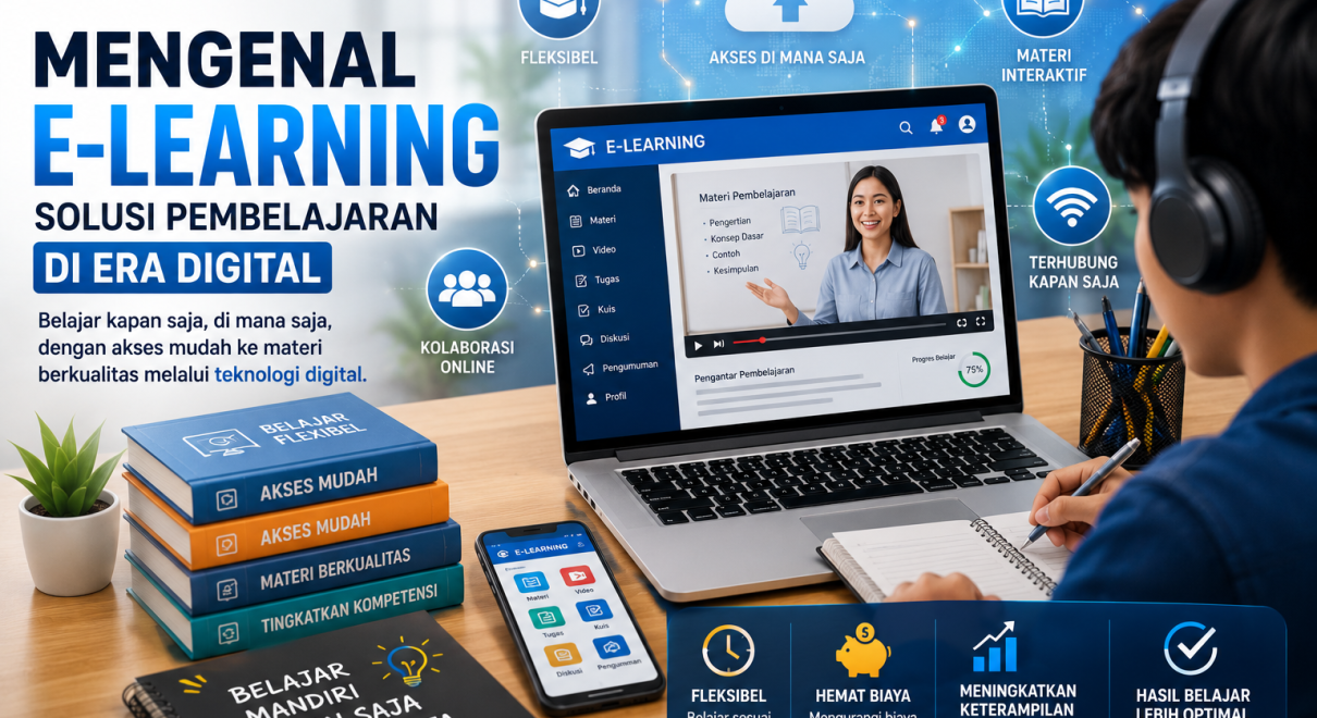 Ilustrasi siswa belajar menggunakan laptop dengan antarmuka e-learning, video pembelajaran, ikon cloud, buku digital, dan koneksi internet yang menggambarkan pembelajaran online modern di era digital.