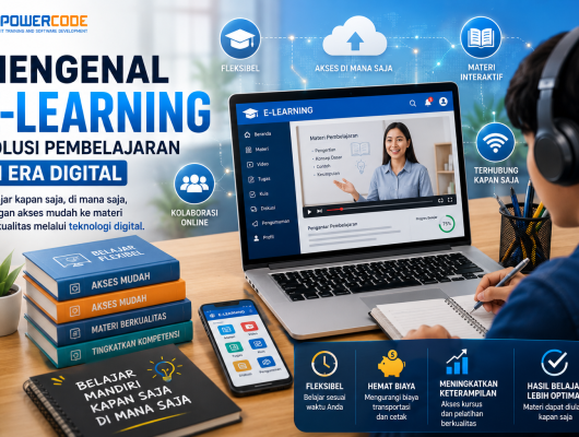 Ilustrasi siswa belajar menggunakan laptop dengan antarmuka e-learning, video pembelajaran, ikon cloud, buku digital, dan koneksi internet yang menggambarkan pembelajaran online modern di era digital.
