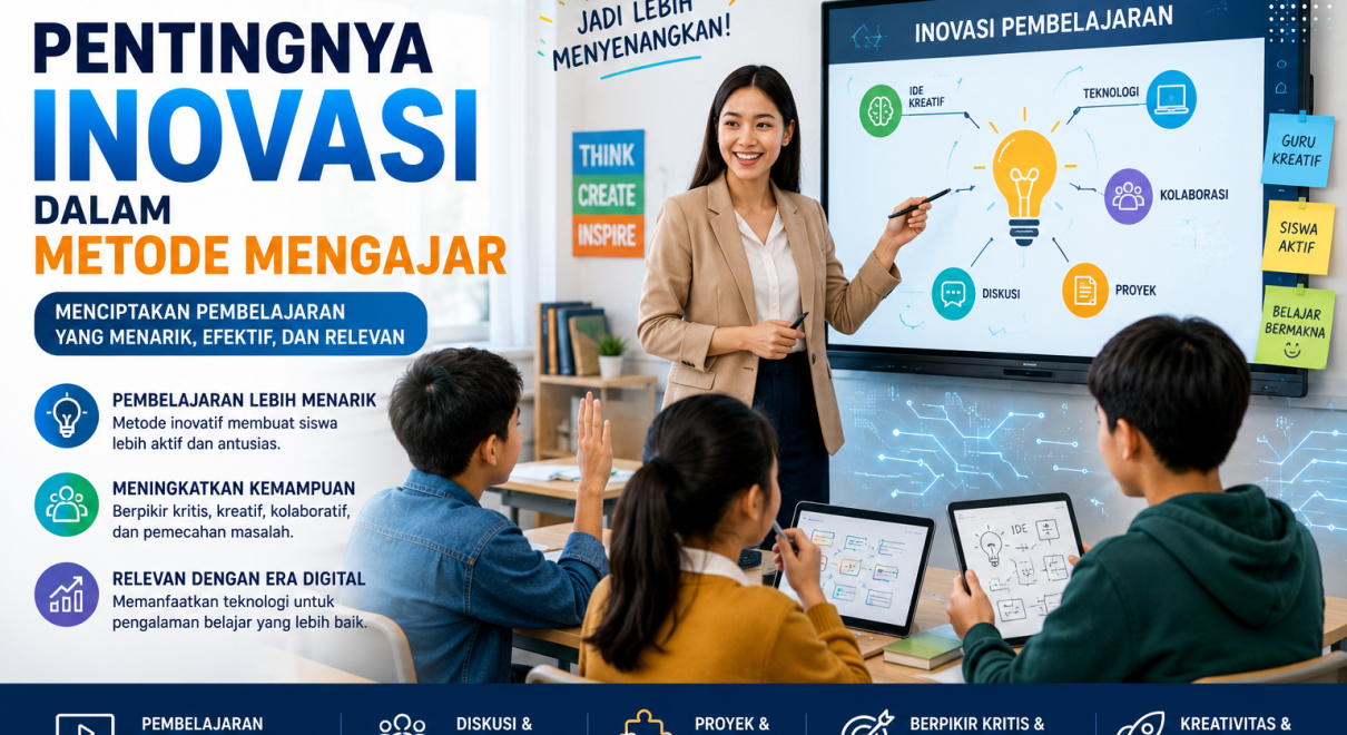 Ilustrasi guru menggunakan teknologi digital saat mengajar siswa di kelas modern, dengan laptop, papan digital, ikon AI, diskusi kelompok, dan proyek pembelajaran yang menggambarkan pentingnya inovasi dalam metode mengajar.