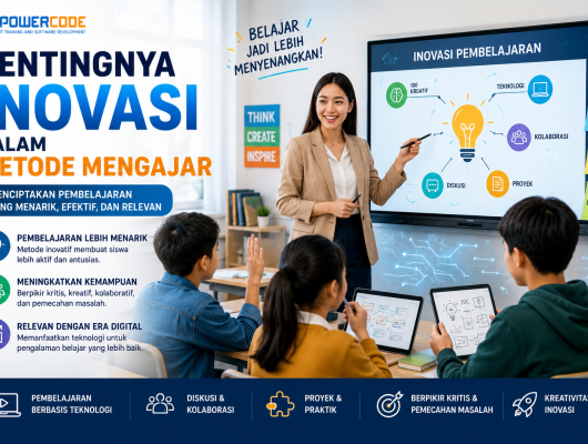Ilustrasi guru menggunakan teknologi digital saat mengajar siswa di kelas modern, dengan laptop, papan digital, ikon AI, diskusi kelompok, dan proyek pembelajaran yang menggambarkan pentingnya inovasi dalam metode mengajar.