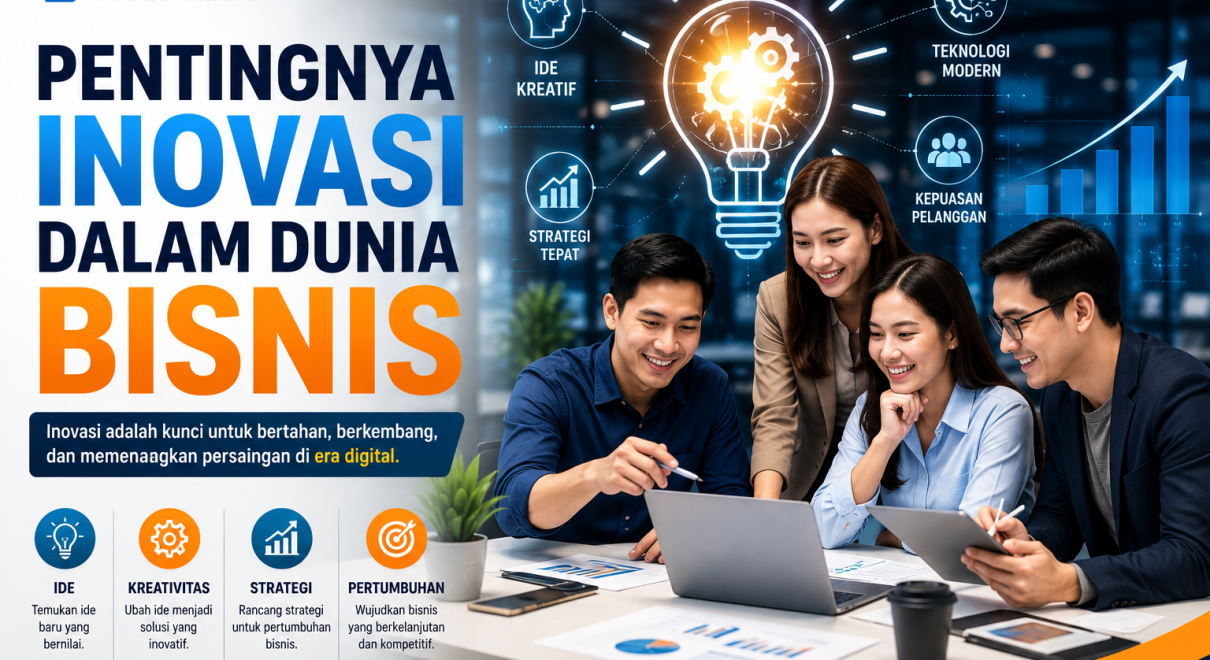Ilustrasi tim bisnis yang sedang berdiskusi di depan layar digital dengan ikon lampu ide, grafik pertumbuhan, roda gigi, dan teknologi AI, menggambarkan pentingnya inovasi dalam meningkatkan daya saing dan perkembangan bisnis di era digital.